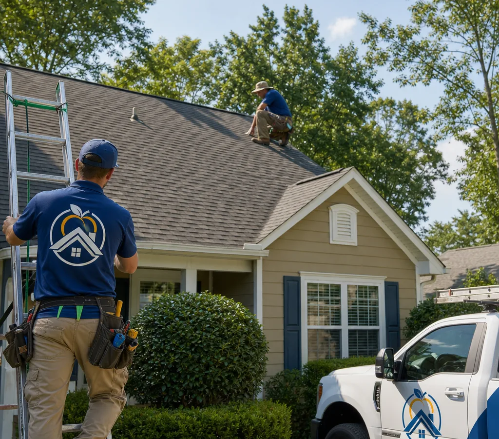 Roofing crew inspecting an asphalt-shingle roof on a Peachtree City home with ladders and safety gear