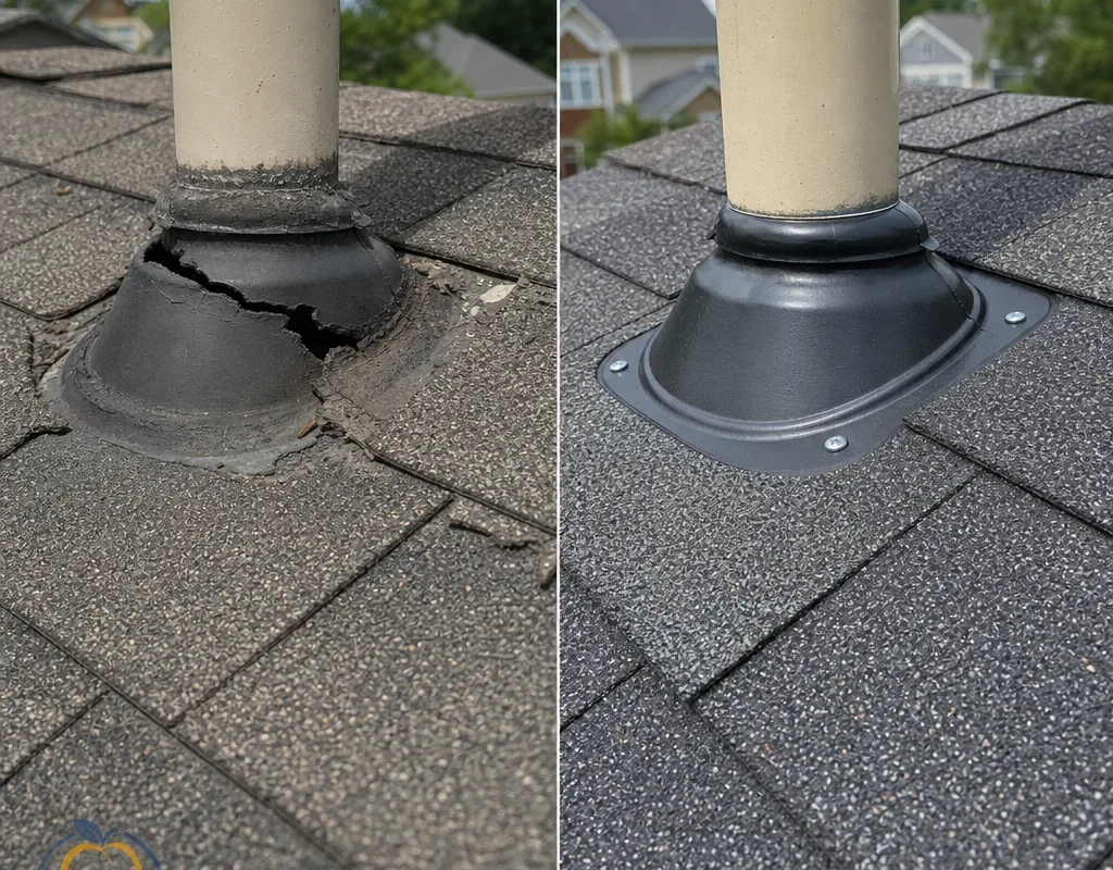 Before and after view of a cracked pipe boot replaced with a properly seated new boot