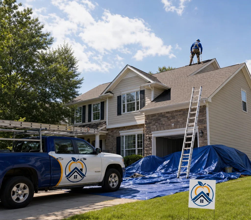 Residential roofer inspecting the ridge of a Peachtree City home while wearing safety gear
