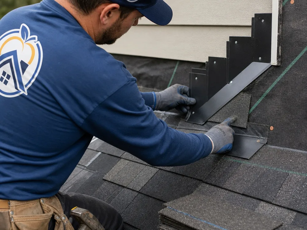 Roofer installing step flashing and underlayment at a sidewall with neatly staged shingles