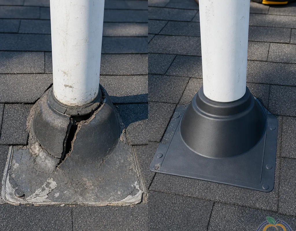 Before and after comparison of a failed plumbing vent boot and a properly integrated replacement