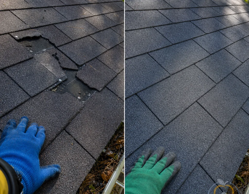 Before and after comparison of wind-damaged asphalt shingles and the completed repair