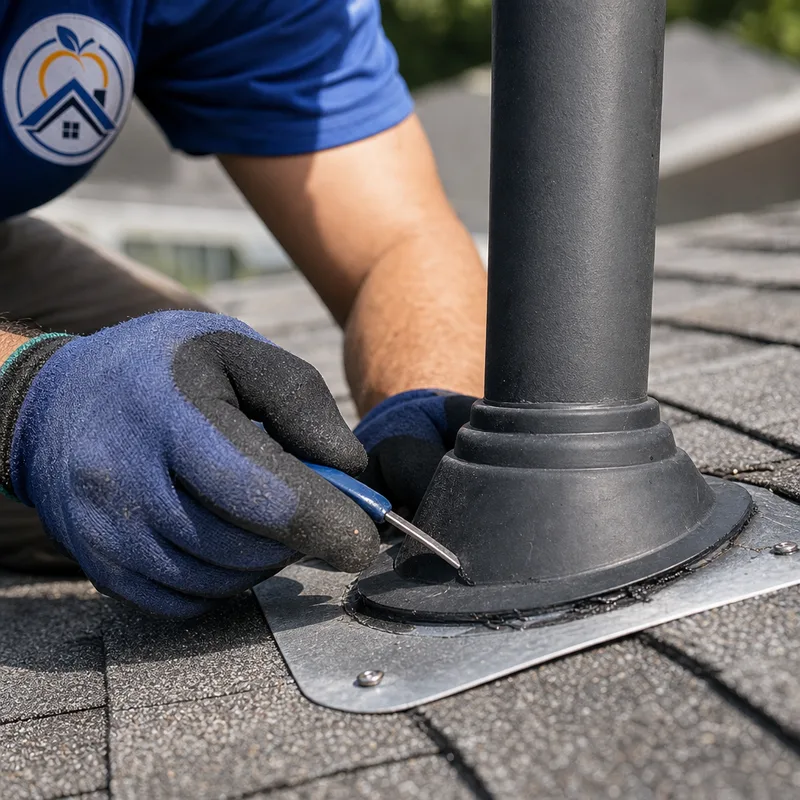 Roof flashing and plumbing vent boot being checked on an asphalt shingle roof