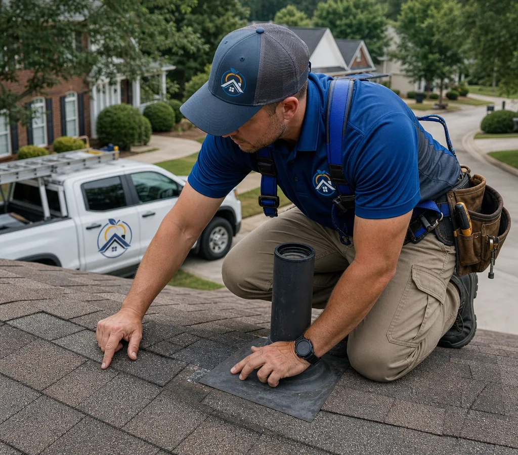 Roofing technician inspecting shingles and a roof vent on a Peachtree City home