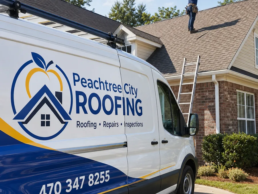 Roofing technician photographing flashing and shingles during a roof inspection