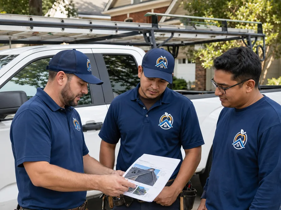 Roofing crew reviewing an inspection report beside a work truck